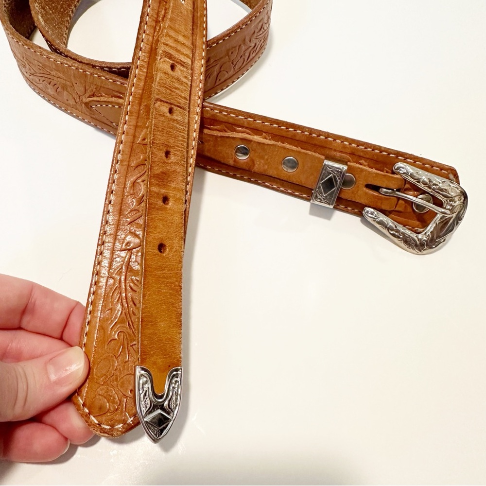 Tooled Leather Western Southwestern Buckle Waist Belt - Picture 2 of 8